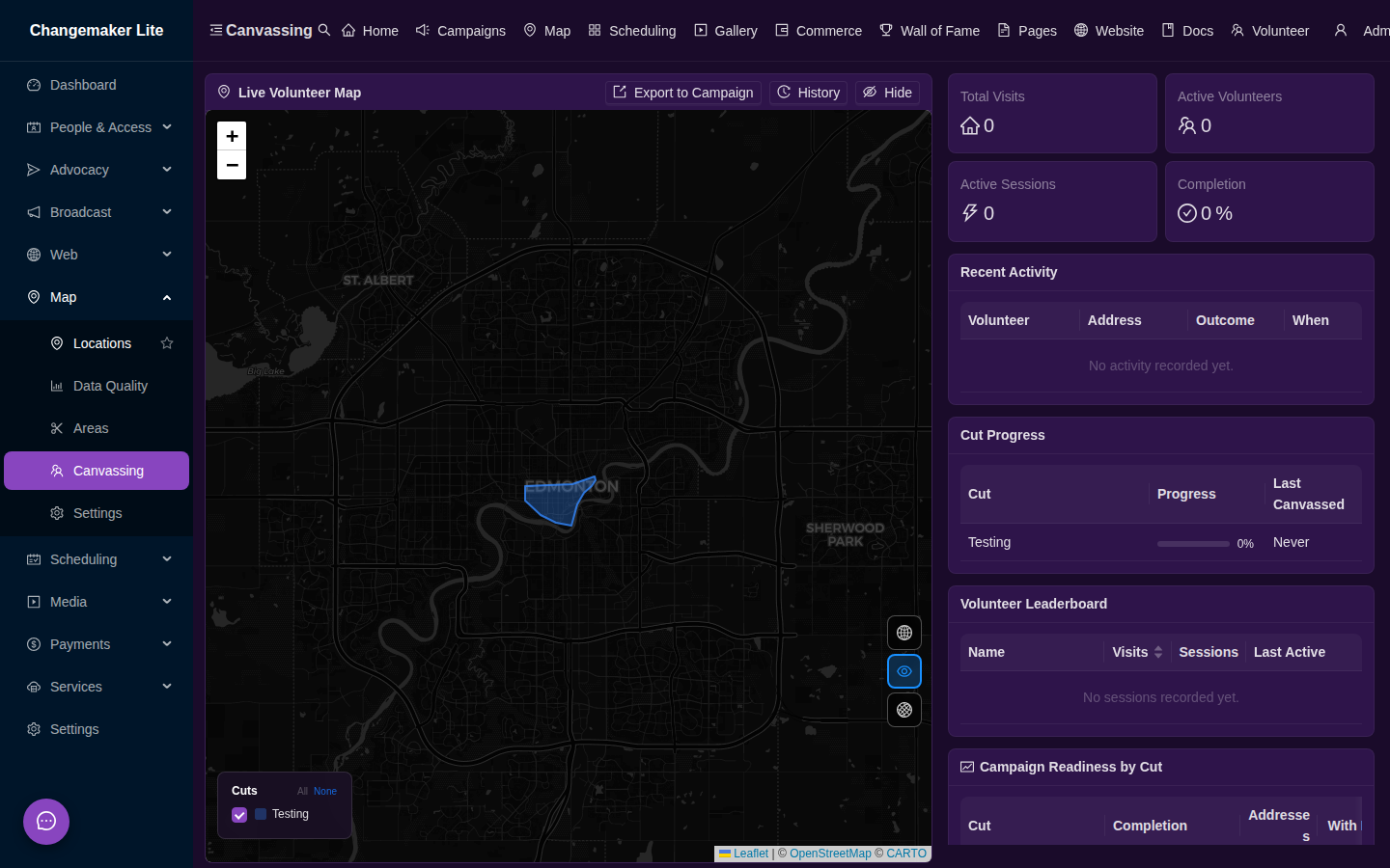Canvassing dashboard with live volunteer map, cut progress tracking, and activity feed