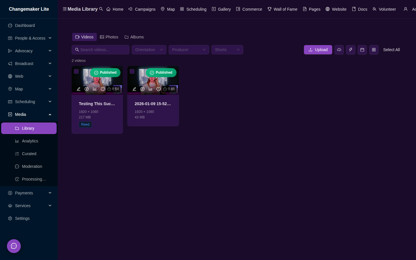 Media library with video thumbnails, filters, and publishing controls