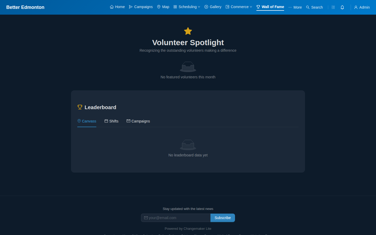 Wall of Fame with volunteer spotlight, leaderboard tabs for canvass, shifts, and campaigns